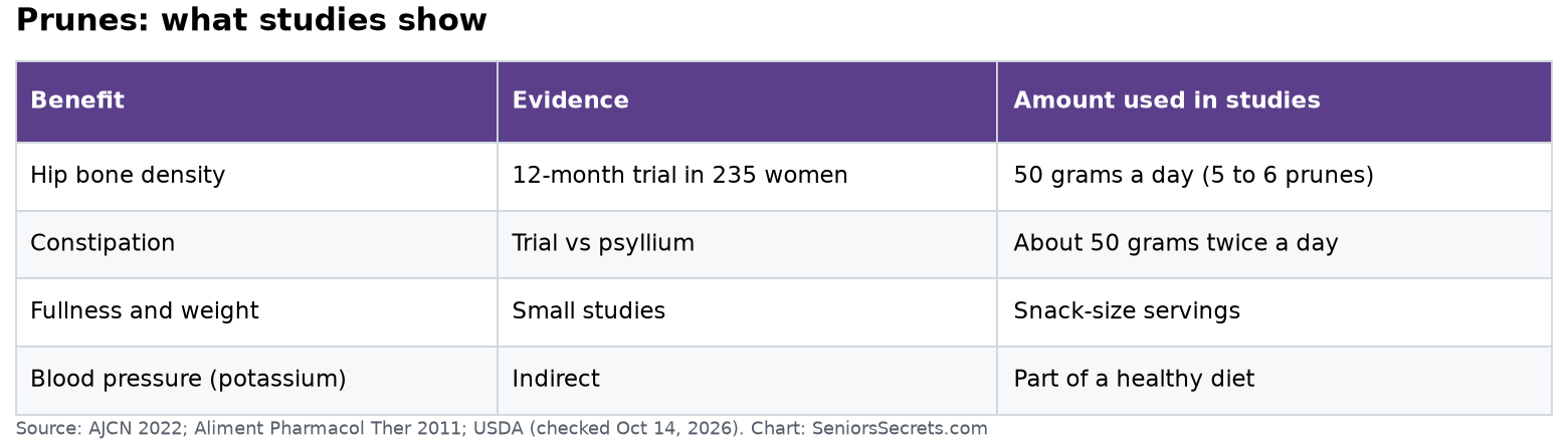 Table of prune benefits for seniors with evidence and amount: bone density at 50 grams a day, constipation relief at about 50 grams twice a day