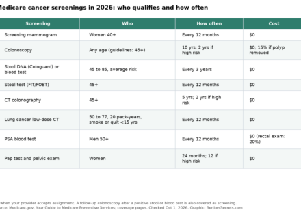 Table of Medicare cancer screenings in 2026 with ages, frequency and cost