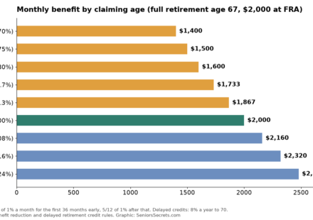 Bar chart of the monthly Social Security benefit by claiming age from 62 to 70 for a $2,000 full retirement age benefit, from $1,400 at 62 to $2,480 at 70