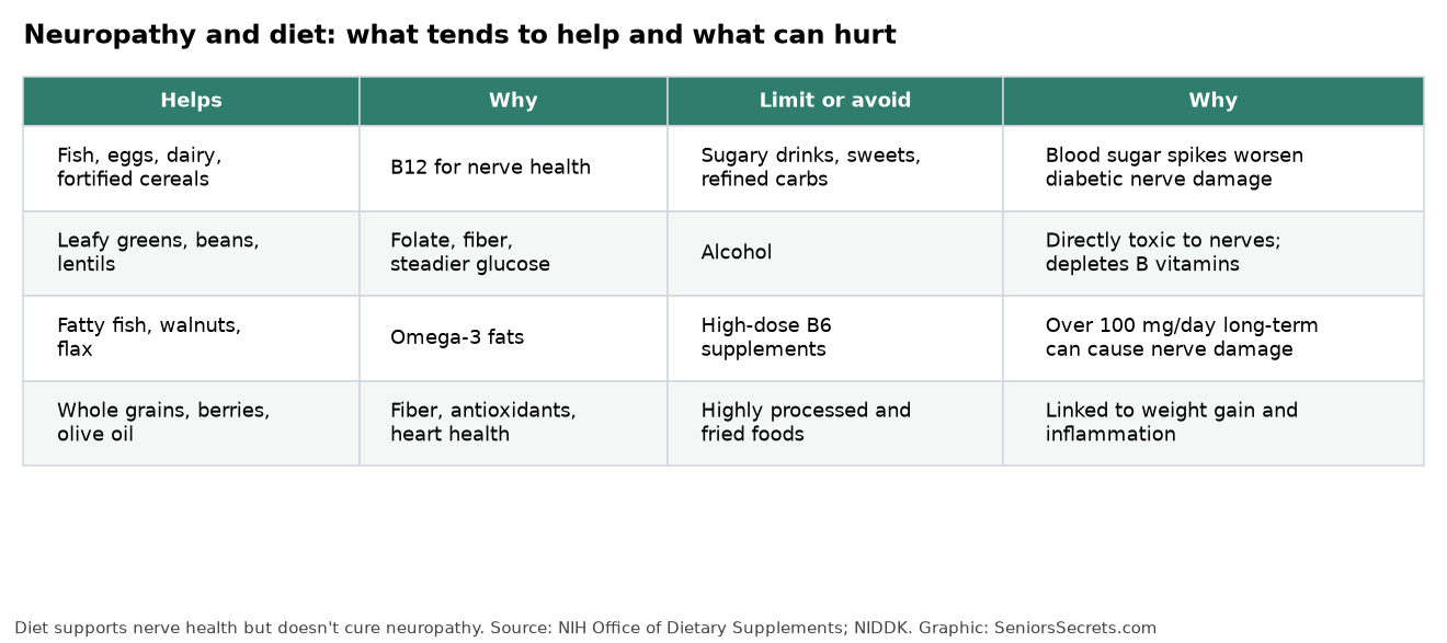 Table of foods that tend to help nerve health and foods to limit or avoid with neuropathy, with reasons