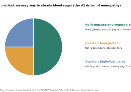 Plate method diagram: half non-starchy vegetables, a quarter lean protein and a quarter high-fiber carbohydrates