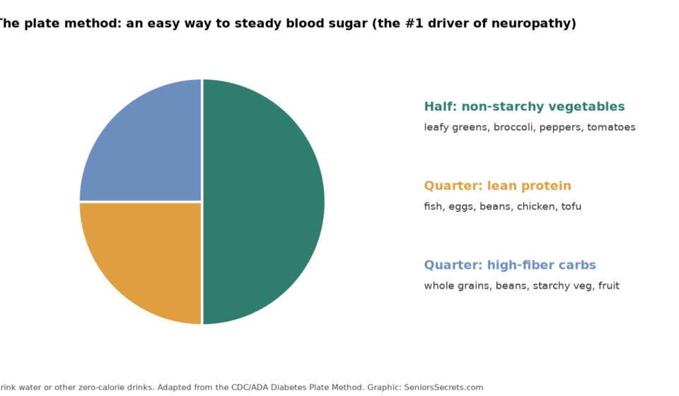 Plate method diagram: half non-starchy vegetables, a quarter lean protein and a quarter high-fiber carbohydrates