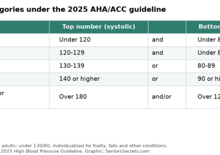 Table of blood pressure categories under the 2025 AHA/ACC guideline, from normal to stage 2 and severe hypertension