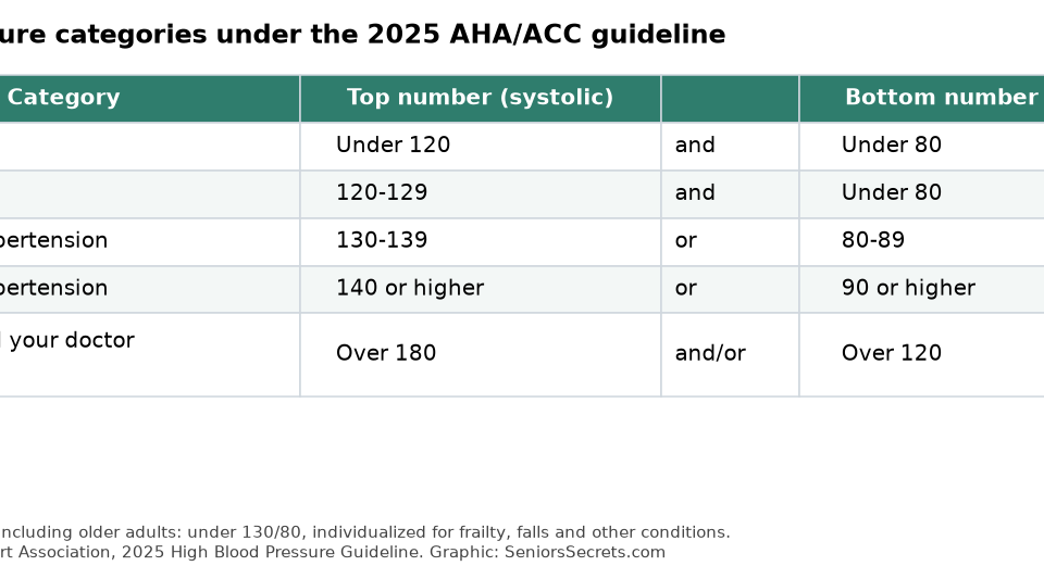 Table of blood pressure categories under the 2025 AHA/ACC guideline, from normal to stage 2 and severe hypertension