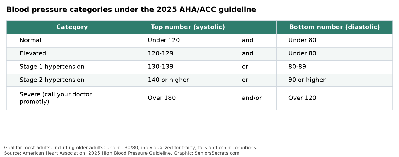 Table of blood pressure categories under the 2025 AHA/ACC guideline, from normal to stage 2 and severe hypertension
