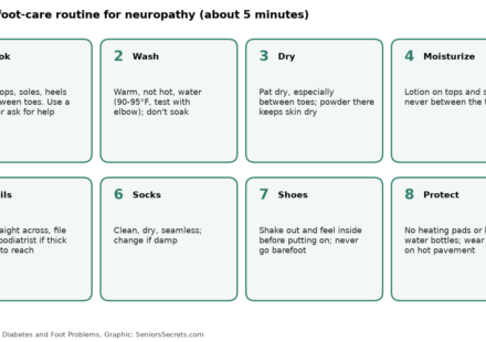 Eight-step daily foot care routine for neuropathy: look, wash, dry, moisturize, nails, socks, shoes, protect