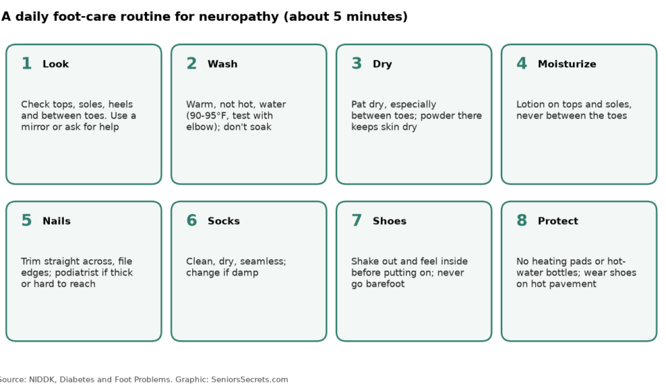 Eight-step daily foot care routine for neuropathy: look, wash, dry, moisturize, nails, socks, shoes, protect