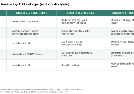 Table of kidney diet basics for sodium, protein, potassium, phosphorus and fluids by CKD stage